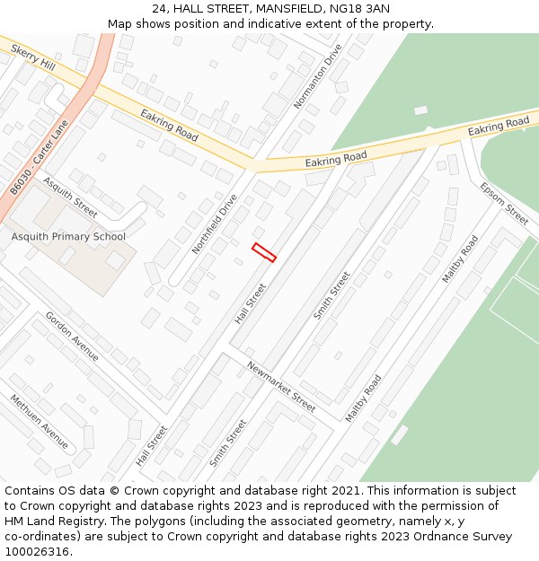 24, HALL STREET, MANSFIELD, NG18 3AN: Location map and indicative extent of plot