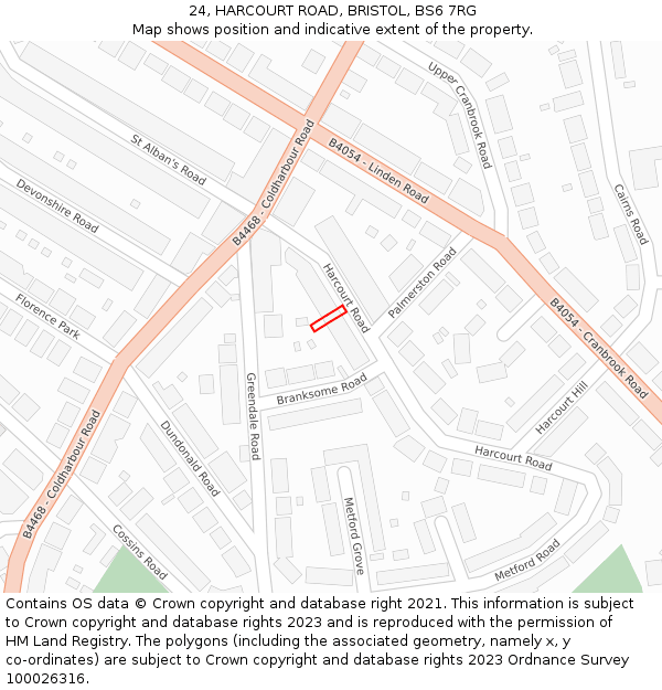 24, HARCOURT ROAD, BRISTOL, BS6 7RG: Location map and indicative extent of plot