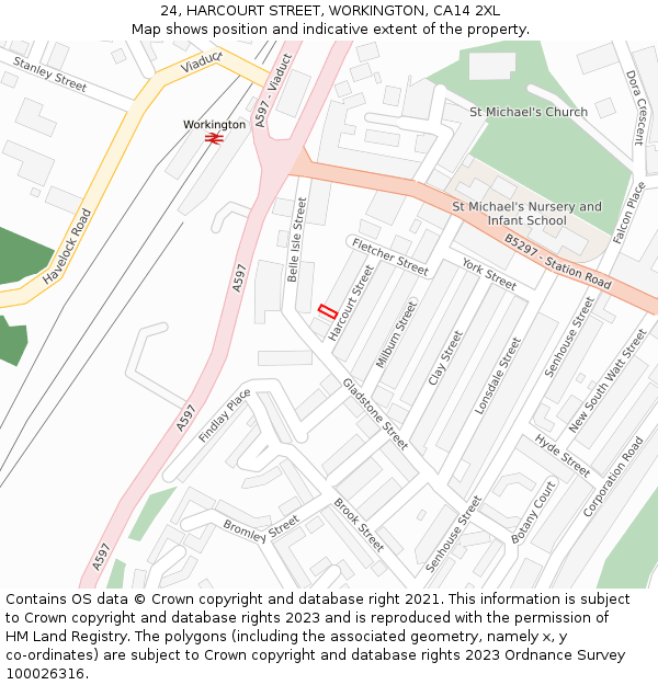 24, HARCOURT STREET, WORKINGTON, CA14 2XL: Location map and indicative extent of plot