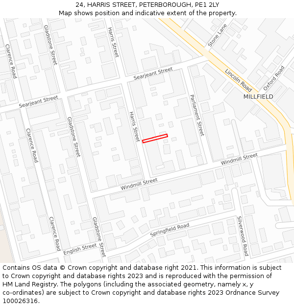 24, HARRIS STREET, PETERBOROUGH, PE1 2LY: Location map and indicative extent of plot