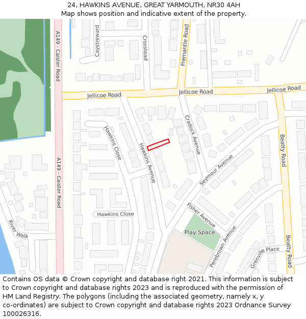 24, HAWKINS AVENUE, GREAT YARMOUTH, NR30 4AH: Location map and indicative extent of plot