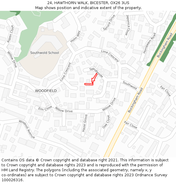 24, HAWTHORN WALK, BICESTER, OX26 3US: Location map and indicative extent of plot