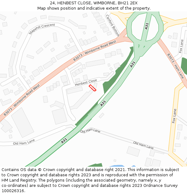24, HENBEST CLOSE, WIMBORNE, BH21 2EX: Location map and indicative extent of plot