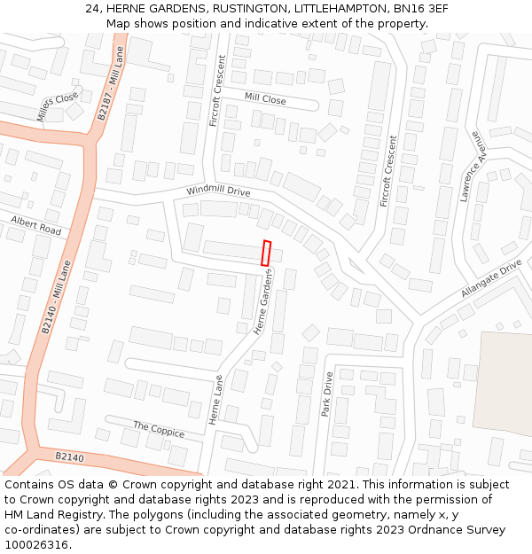 24, HERNE GARDENS, RUSTINGTON, LITTLEHAMPTON, BN16 3EF: Location map and indicative extent of plot