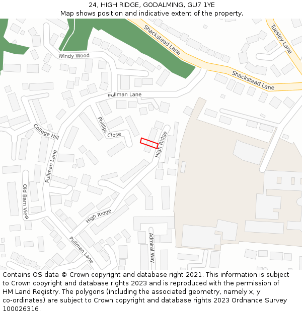 24, HIGH RIDGE, GODALMING, GU7 1YE: Location map and indicative extent of plot