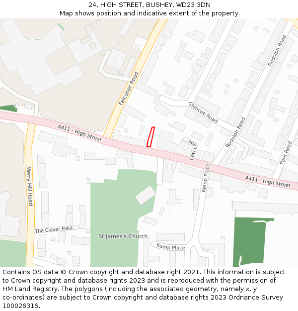 24, HIGH STREET, BUSHEY, WD23 3DN: Location map and indicative extent of plot