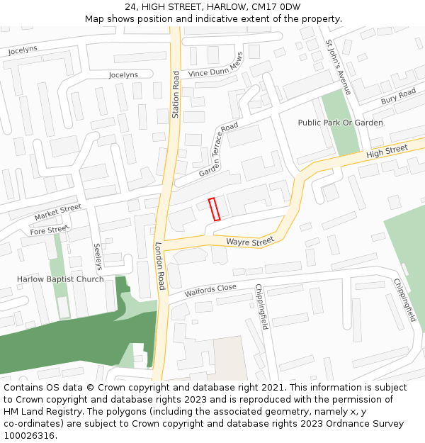 24, HIGH STREET, HARLOW, CM17 0DW: Location map and indicative extent of plot