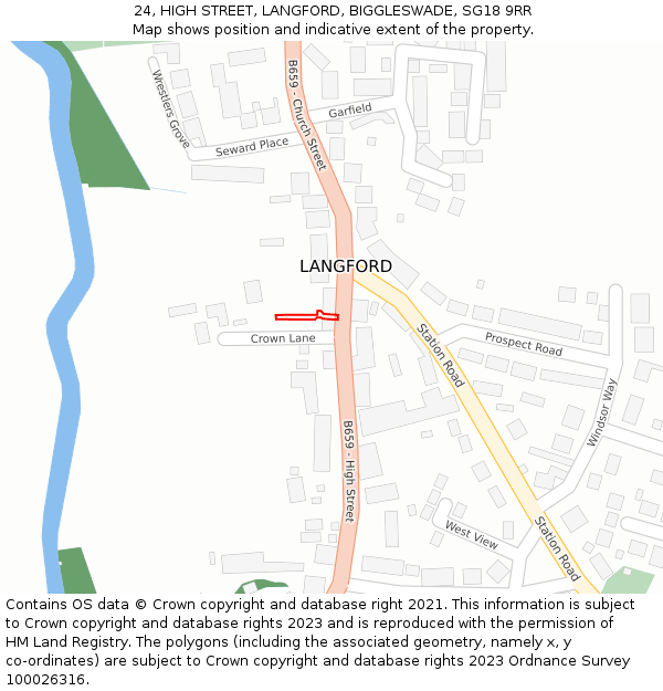 24, HIGH STREET, LANGFORD, BIGGLESWADE, SG18 9RR: Location map and indicative extent of plot