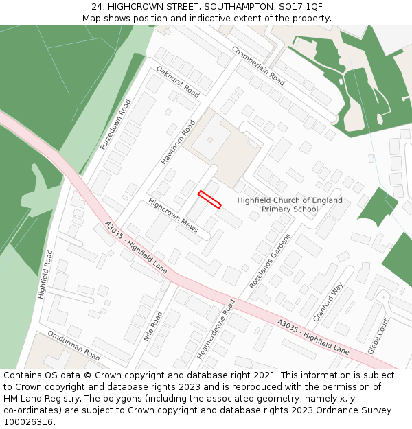 24, HIGHCROWN STREET, SOUTHAMPTON, SO17 1QF: Location map and indicative extent of plot