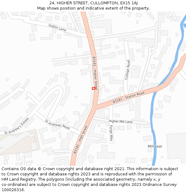 24, HIGHER STREET, CULLOMPTON, EX15 1AJ: Location map and indicative extent of plot