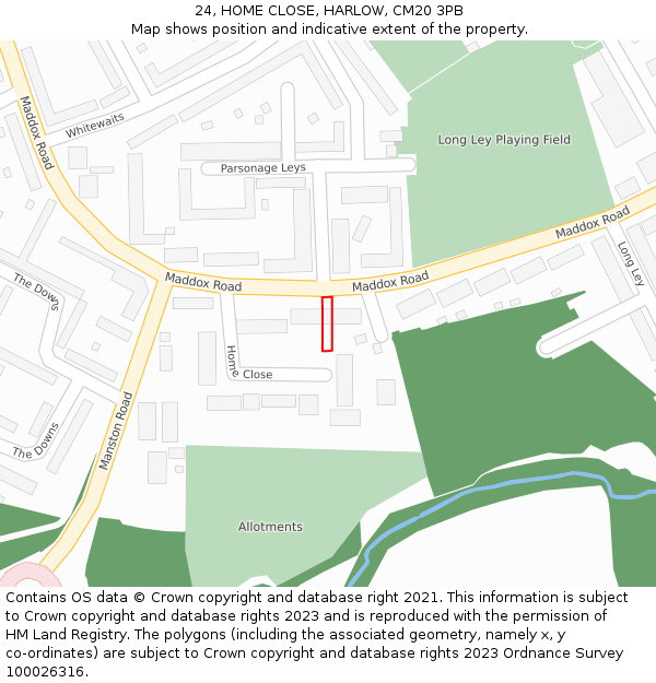 24, HOME CLOSE, HARLOW, CM20 3PB: Location map and indicative extent of plot