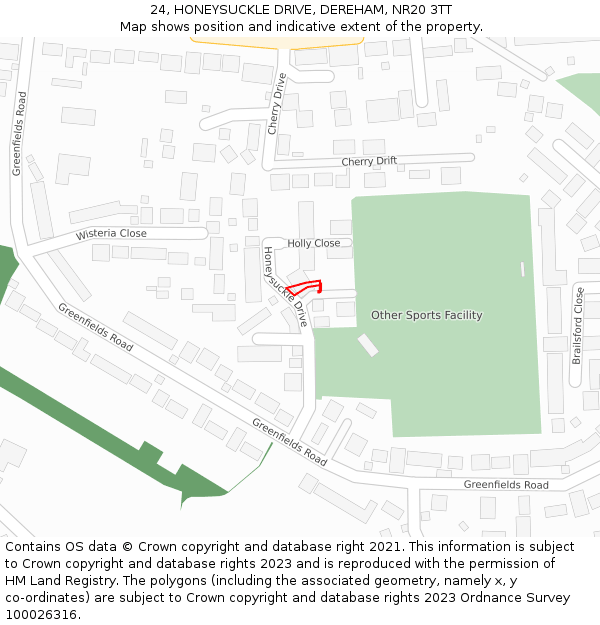 24, HONEYSUCKLE DRIVE, DEREHAM, NR20 3TT: Location map and indicative extent of plot
