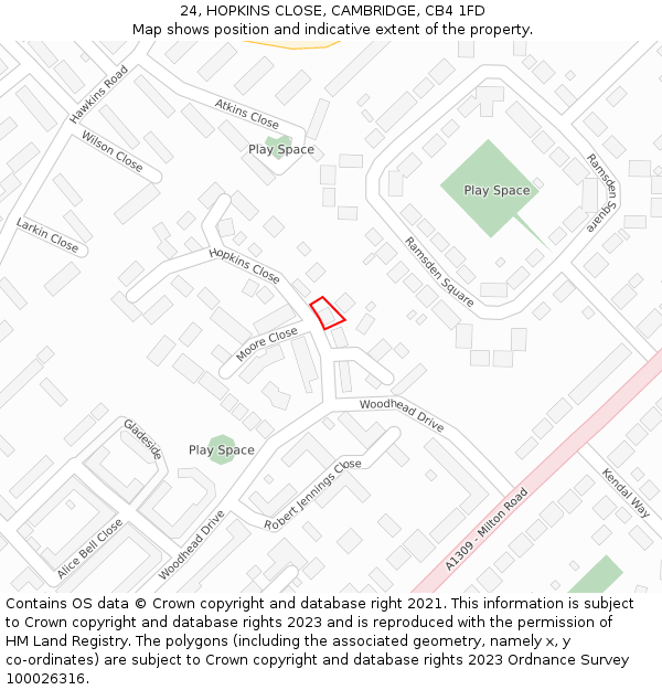 24, HOPKINS CLOSE, CAMBRIDGE, CB4 1FD: Location map and indicative extent of plot