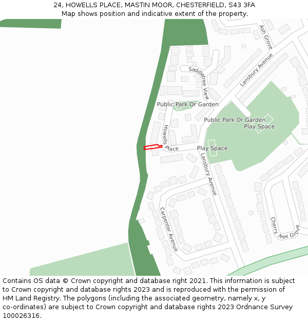 24, HOWELLS PLACE, MASTIN MOOR, CHESTERFIELD, S43 3FA: Location map and indicative extent of plot