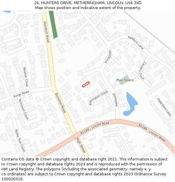 24, HUNTERS DRIVE, METHERINGHAM, LINCOLN, LN4 3XD: Location map and indicative extent of plot