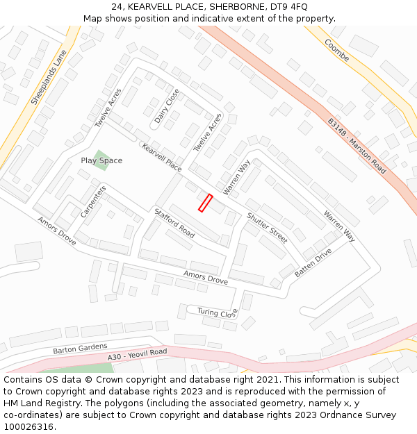 24, KEARVELL PLACE, SHERBORNE, DT9 4FQ: Location map and indicative extent of plot