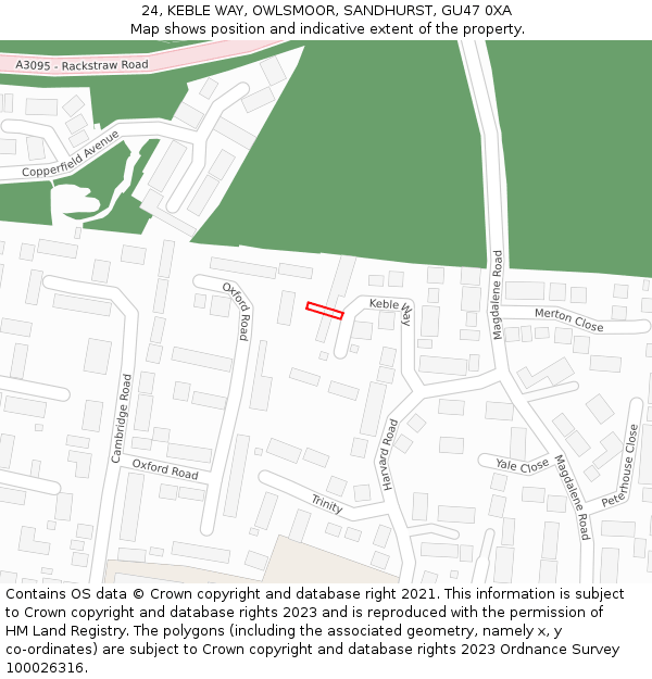 24, KEBLE WAY, OWLSMOOR, SANDHURST, GU47 0XA: Location map and indicative extent of plot