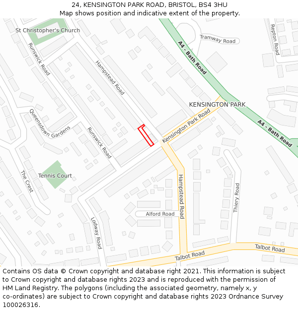 24, KENSINGTON PARK ROAD, BRISTOL, BS4 3HU: Location map and indicative extent of plot