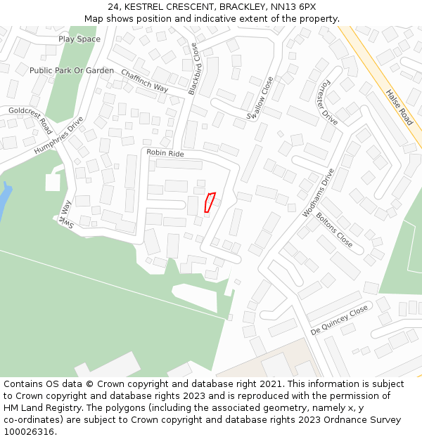 24, KESTREL CRESCENT, BRACKLEY, NN13 6PX: Location map and indicative extent of plot