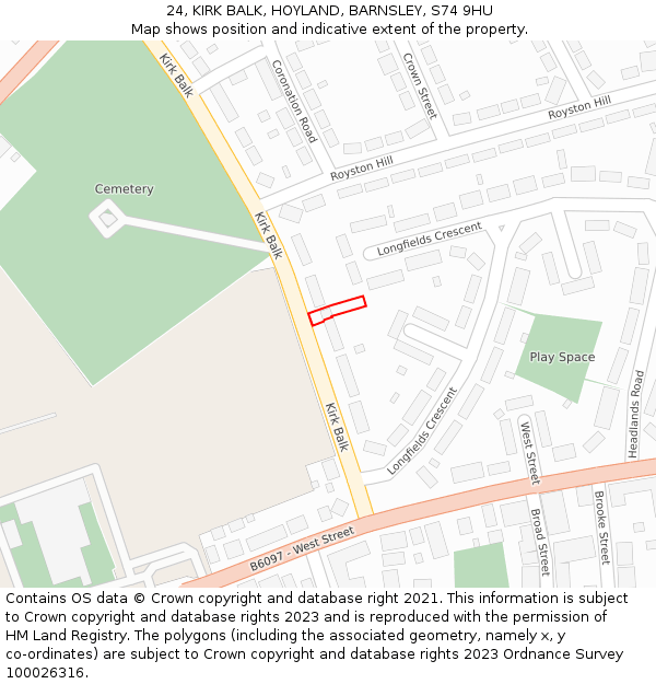 24, KIRK BALK, HOYLAND, BARNSLEY, S74 9HU: Location map and indicative extent of plot