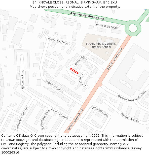 24, KNOWLE CLOSE, REDNAL, BIRMINGHAM, B45 8XU: Location map and indicative extent of plot