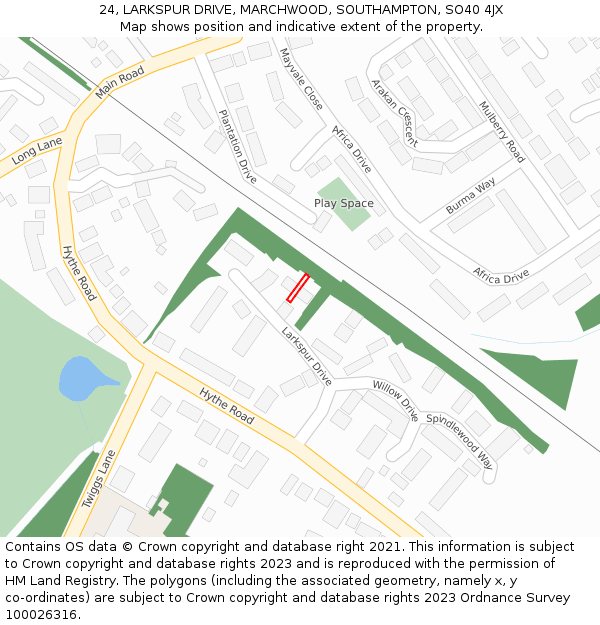 24, LARKSPUR DRIVE, MARCHWOOD, SOUTHAMPTON, SO40 4JX: Location map and indicative extent of plot