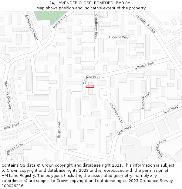 24, LAVENDER CLOSE, ROMFORD, RM3 8AU: Location map and indicative extent of plot