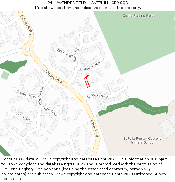 24, LAVENDER FIELD, HAVERHILL, CB9 9QD: Location map and indicative extent of plot
