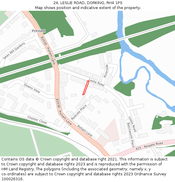 24, LESLIE ROAD, DORKING, RH4 1PS: Location map and indicative extent of plot