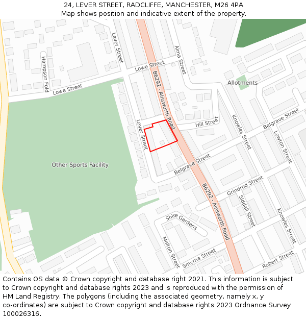 24, LEVER STREET, RADCLIFFE, MANCHESTER, M26 4PA: Location map and indicative extent of plot
