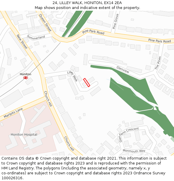 24, LILLEY WALK, HONITON, EX14 2EA: Location map and indicative extent of plot
