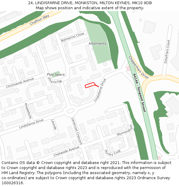 24, LINDISFARNE DRIVE, MONKSTON, MILTON KEYNES, MK10 9DB: Location map and indicative extent of plot