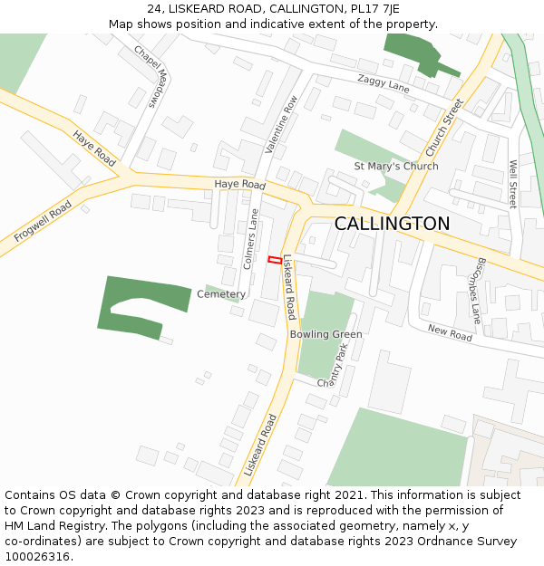 24, LISKEARD ROAD, CALLINGTON, PL17 7JE: Location map and indicative extent of plot