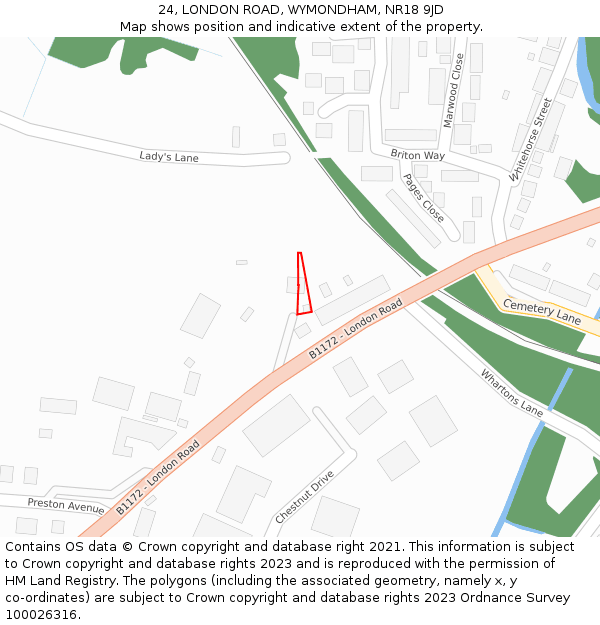 24, LONDON ROAD, WYMONDHAM, NR18 9JD: Location map and indicative extent of plot
