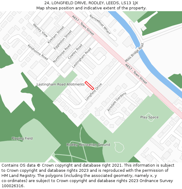 24, LONGFIELD DRIVE, RODLEY, LEEDS, LS13 1JX: Location map and indicative extent of plot