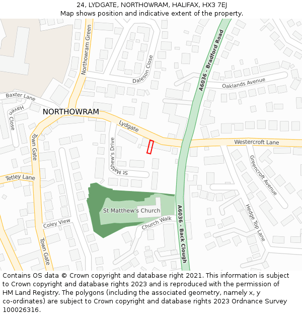 24, LYDGATE, NORTHOWRAM, HALIFAX, HX3 7EJ: Location map and indicative extent of plot