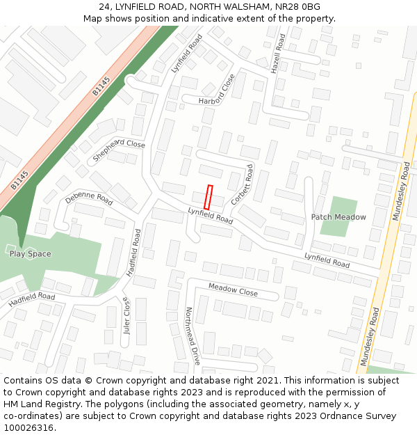 24, LYNFIELD ROAD, NORTH WALSHAM, NR28 0BG: Location map and indicative extent of plot