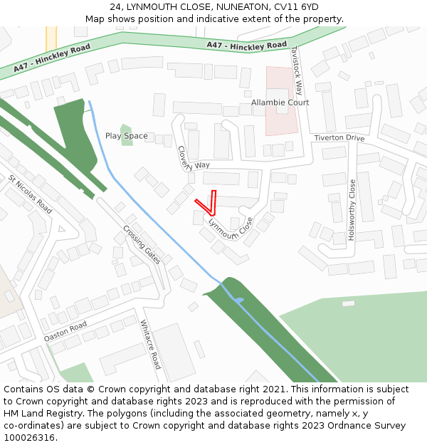 24, LYNMOUTH CLOSE, NUNEATON, CV11 6YD: Location map and indicative extent of plot