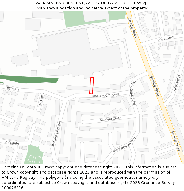 24, MALVERN CRESCENT, ASHBY-DE-LA-ZOUCH, LE65 2JZ: Location map and indicative extent of plot