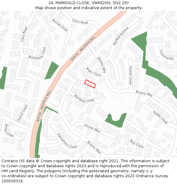 24, MARIGOLD CLOSE, SWINDON, SN2 2SY: Location map and indicative extent of plot