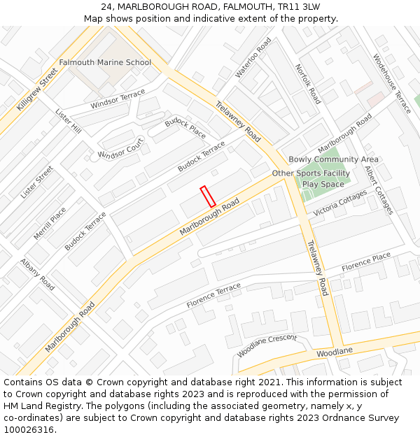 24, MARLBOROUGH ROAD, FALMOUTH, TR11 3LW: Location map and indicative extent of plot