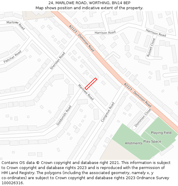 24, MARLOWE ROAD, WORTHING, BN14 8EP: Location map and indicative extent of plot