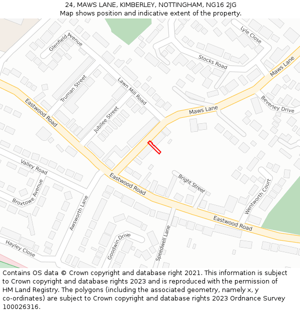 24, MAWS LANE, KIMBERLEY, NOTTINGHAM, NG16 2JG: Location map and indicative extent of plot