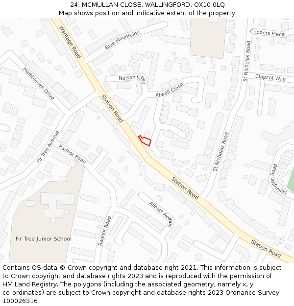 24, MCMULLAN CLOSE, WALLINGFORD, OX10 0LQ: Location map and indicative extent of plot