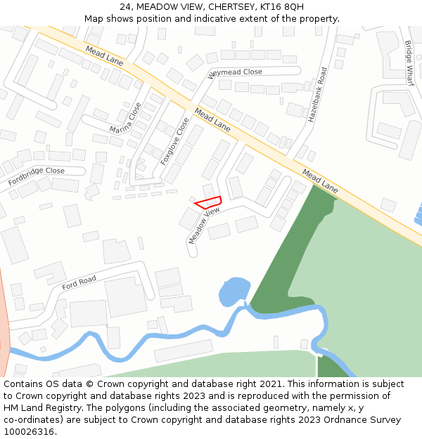 24, MEADOW VIEW, CHERTSEY, KT16 8QH: Location map and indicative extent of plot
