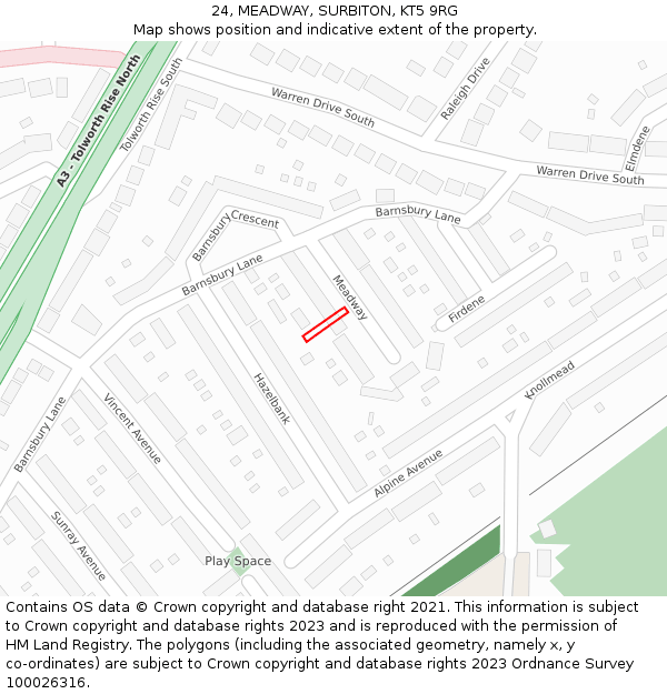 24, MEADWAY, SURBITON, KT5 9RG: Location map and indicative extent of plot