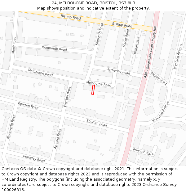 24, MELBOURNE ROAD, BRISTOL, BS7 8LB: Location map and indicative extent of plot