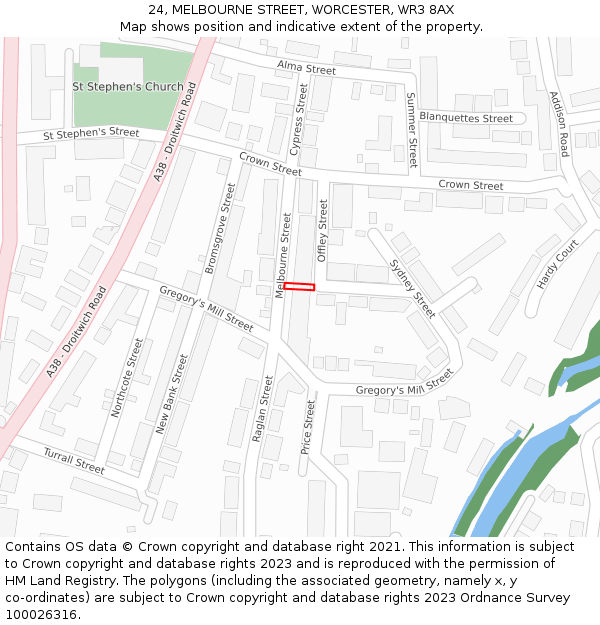 24, MELBOURNE STREET, WORCESTER, WR3 8AX: Location map and indicative extent of plot