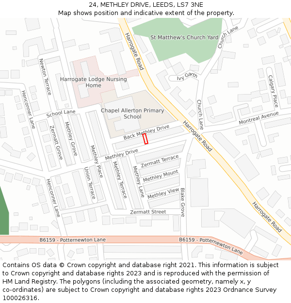 24, METHLEY DRIVE, LEEDS, LS7 3NE: Location map and indicative extent of plot