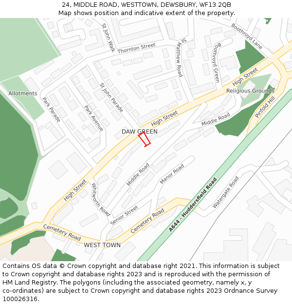 24, MIDDLE ROAD, WESTTOWN, DEWSBURY, WF13 2QB: Location map and indicative extent of plot